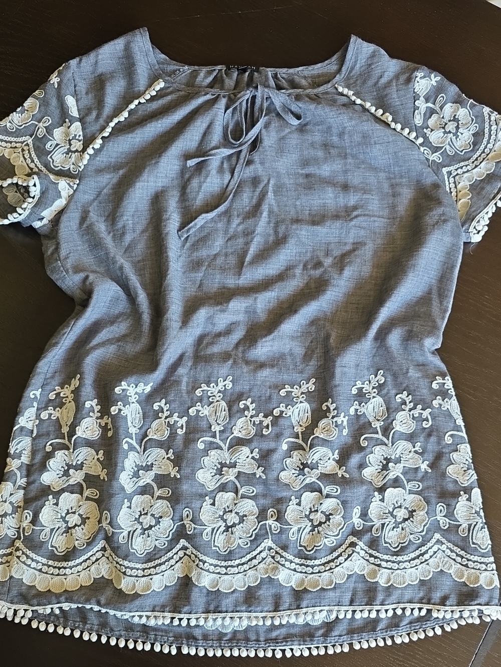 Hannah Blue Embroidered Tie-Neck Blouse with White Floral Accents